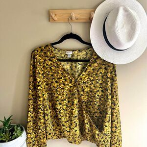 XXL A New Day Yellow Black Floral Long-Sleeve Wrap top